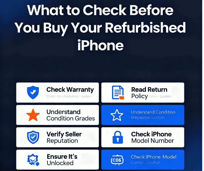 A checklist graphic detailing what to verify before purchasing a refurbished iPhone, including warranty, return policy, and seller reputation.
