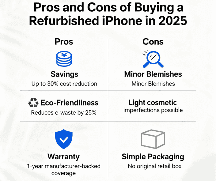 A graphic showing the pros and cons of a refurbished iPhone. Pros include savings and warranty, while cons include possible cosmetic flaws and basic packaging.