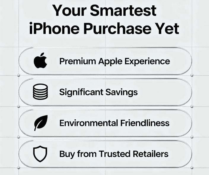 A summary infographic highlighting the main advantages of purchasing a refurbished iPhone premium experience, cost savings, eco-friendly choice, and buying from reliable sellers