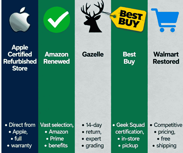 An infographic of the top retailers for refurbished iPhones, including Apple, Amazon Renewed, Gazelle, Best Buy, and Walmart.