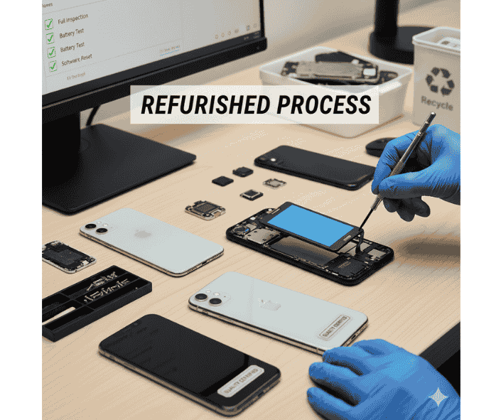 Hands of a technician performing repairs on a disassembled iPhone, illustrating the refurbishment process with tools, components, and a checklist display.